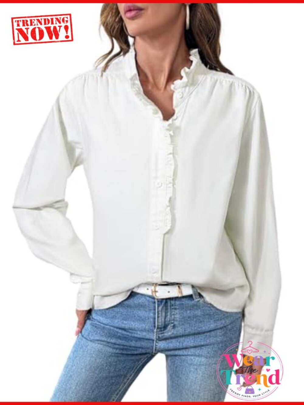 Ruffled Button Down Denim Shirt Long Sleeve V Neck Blouse